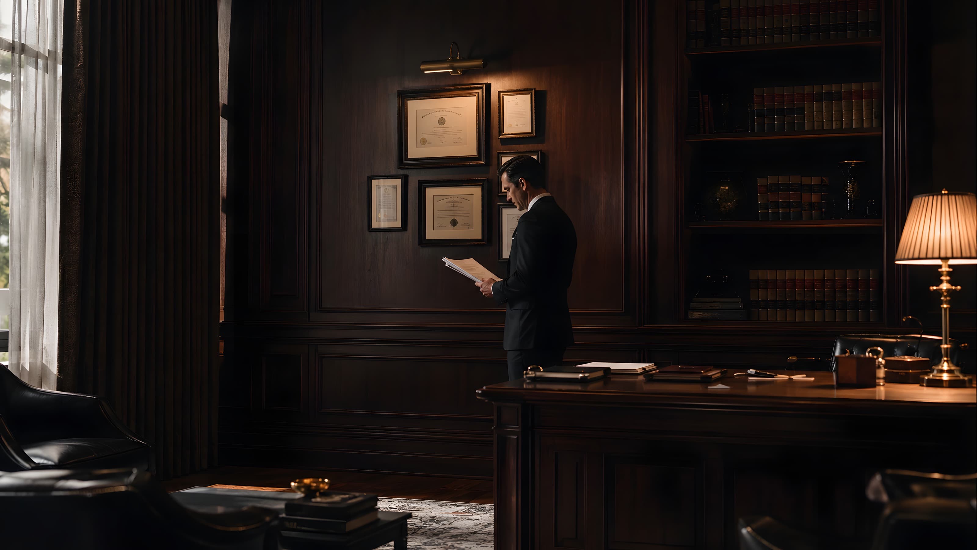 A warm walnut library with framed admissions and bound volumes, the credentials behind the house.