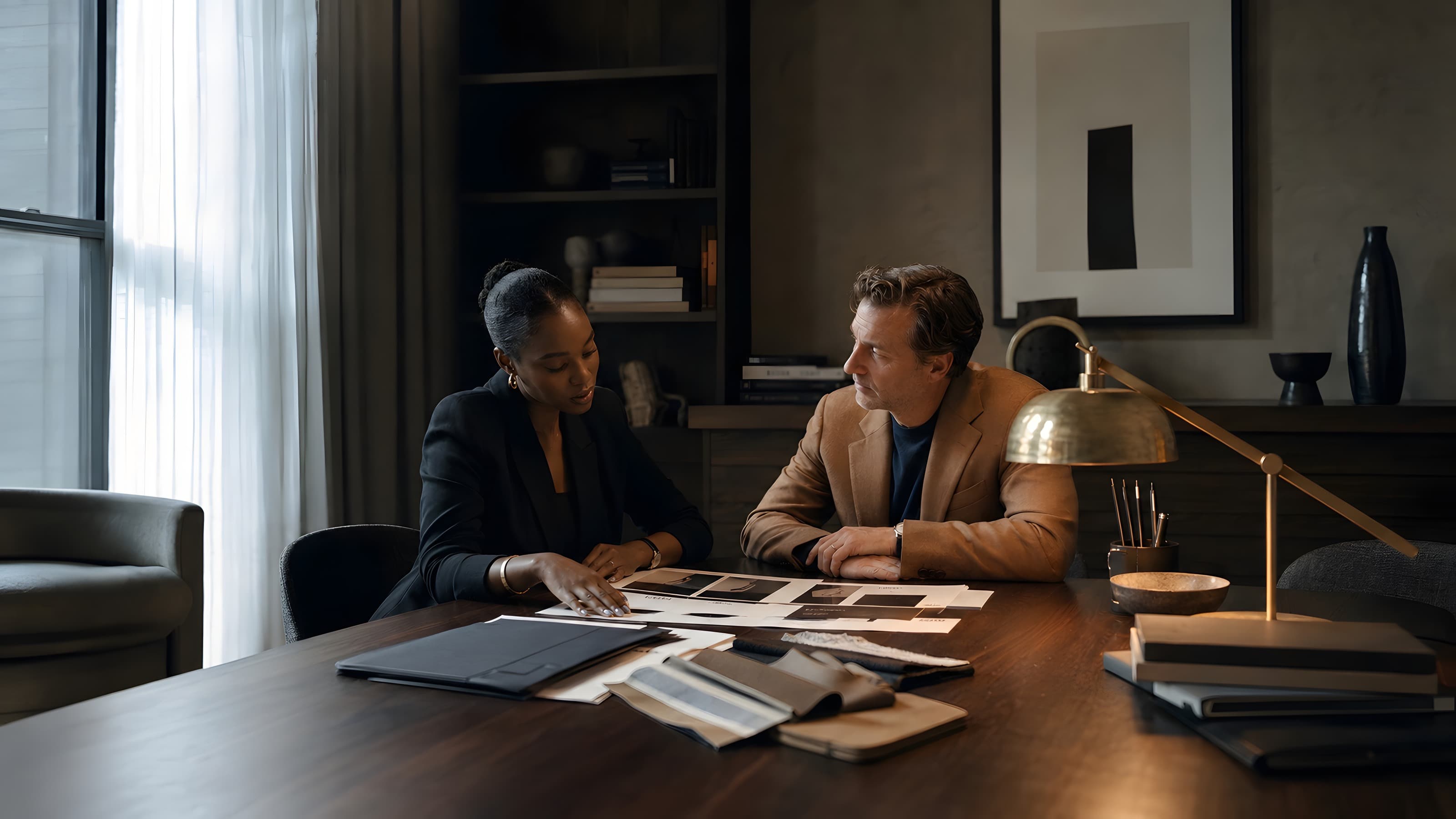 Talent and a producer reviewing a campaign deck on a walnut table in a warm, considered room.