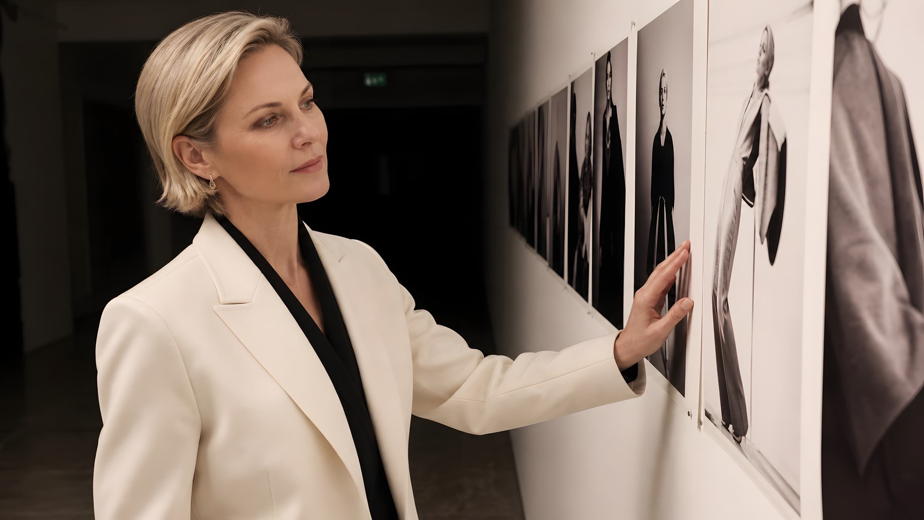 A woman in an ivory jacket standing at a lit review wall, one hand touching a single frame in a row of campaign prints.