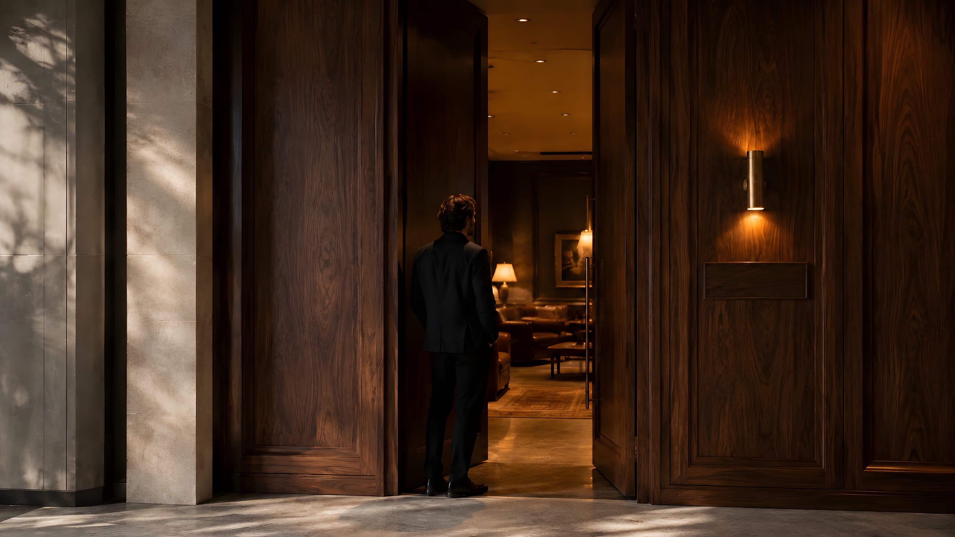 A tall dark walnut doorway opening into a warm, lamplit room, an introduction into the house.