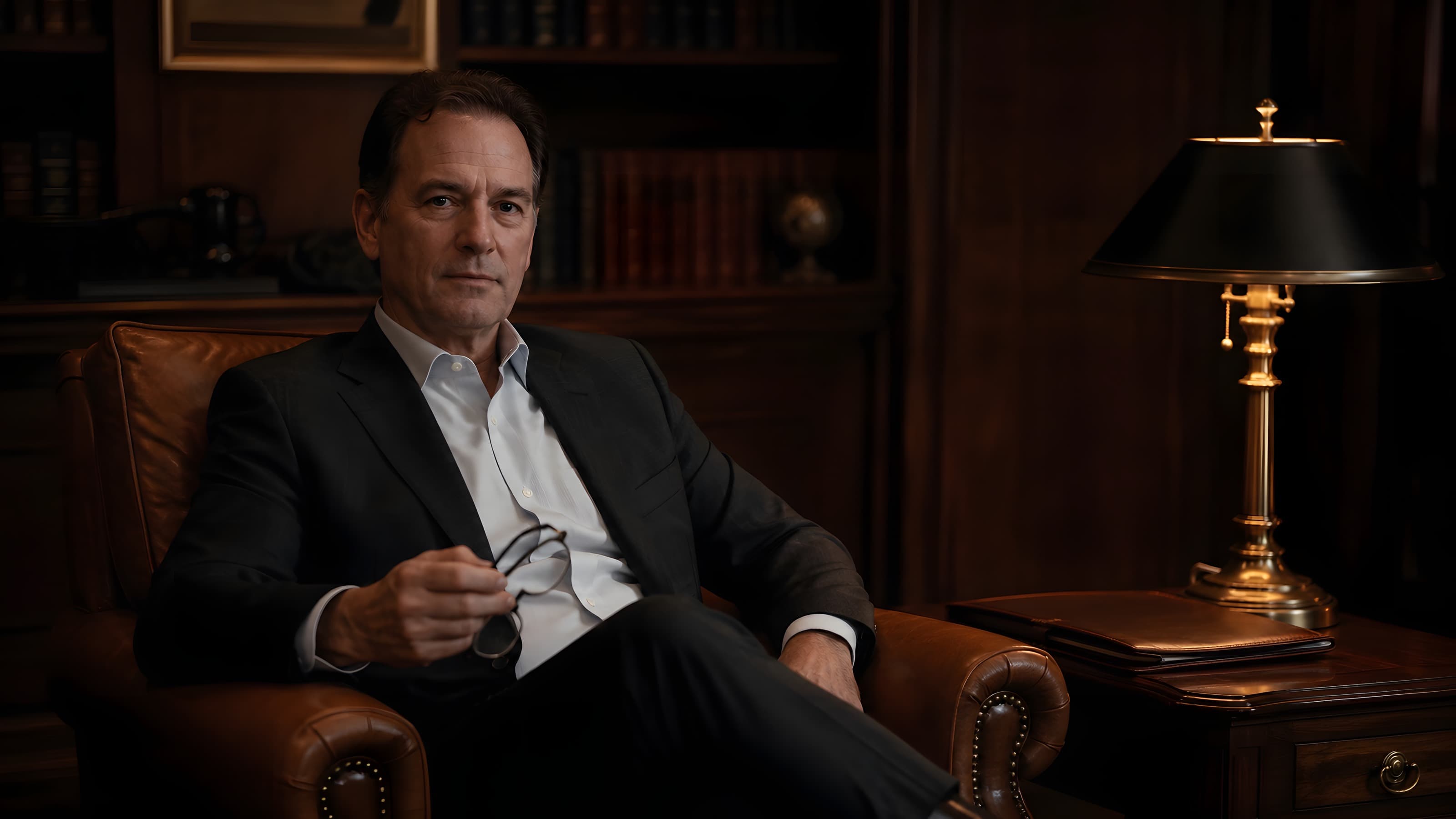 A trusted advisor seated in a cognac leather chair in a warm walnut study, measured and discreet.