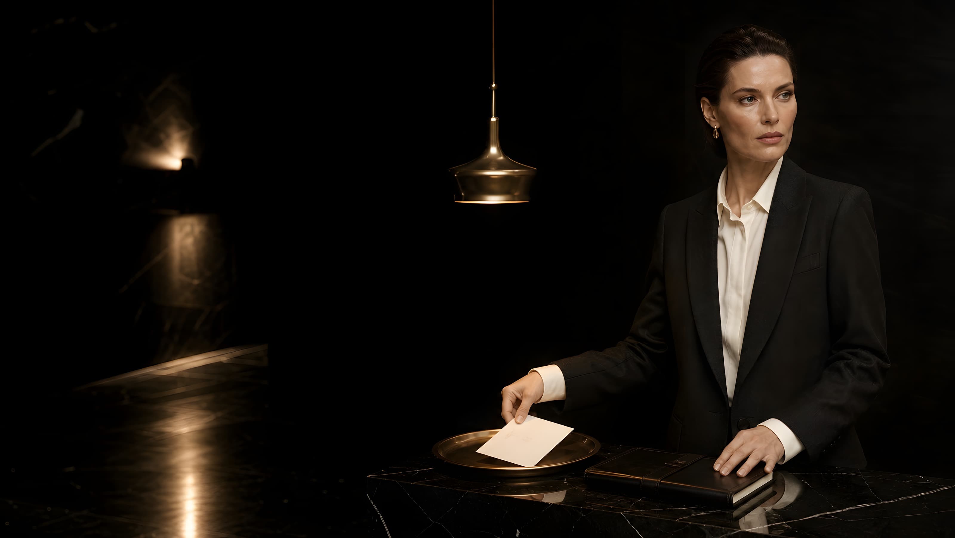 A woman at a black marble console late at night, setting a folded card onto a brass salver beside a closed leather day book, lit by a single bronze pendant.