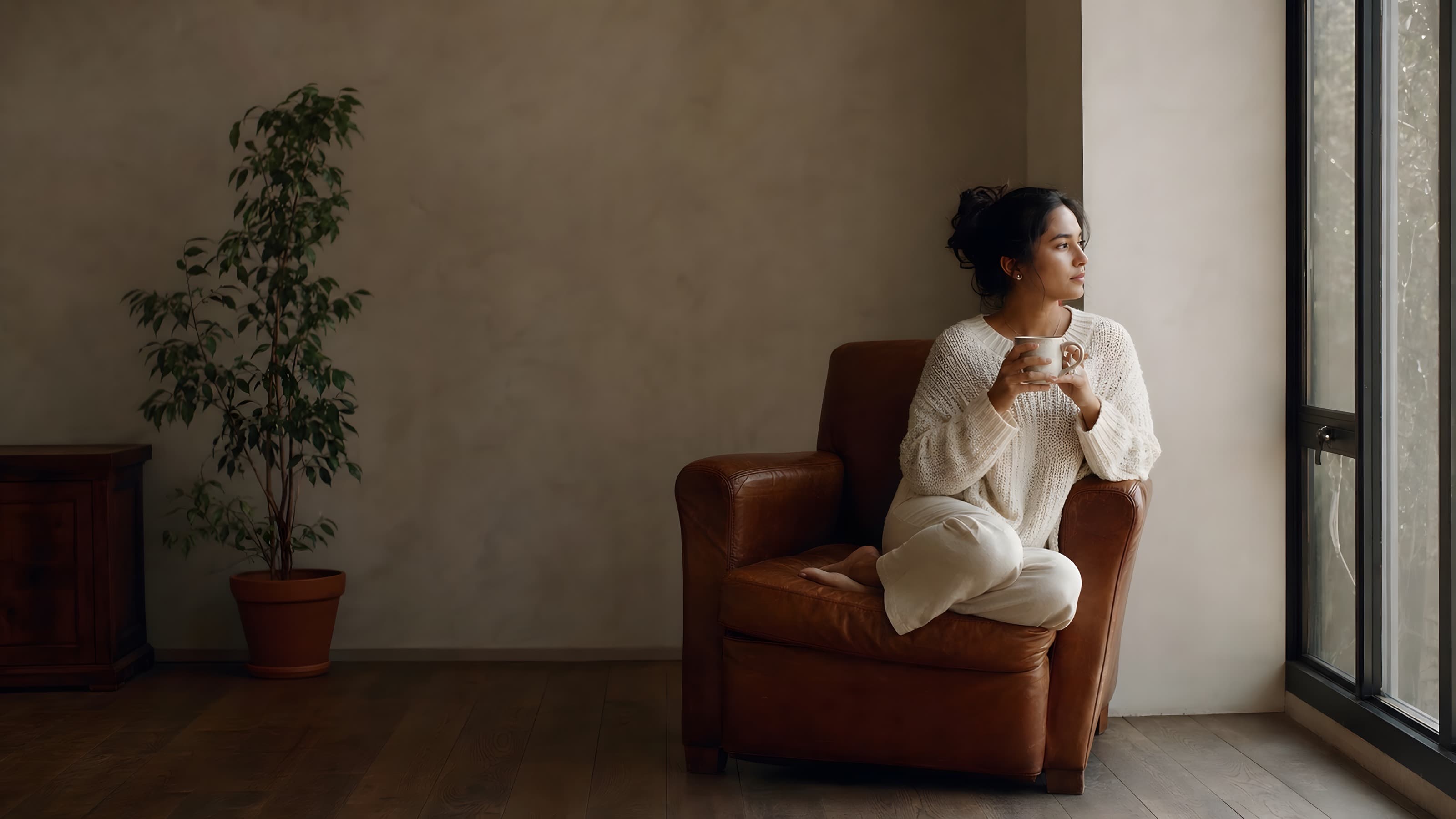 A young woman sits alone with a cup in a deep leather armchair by a tall window, turned toward the daylight in a warm, lived-in room.