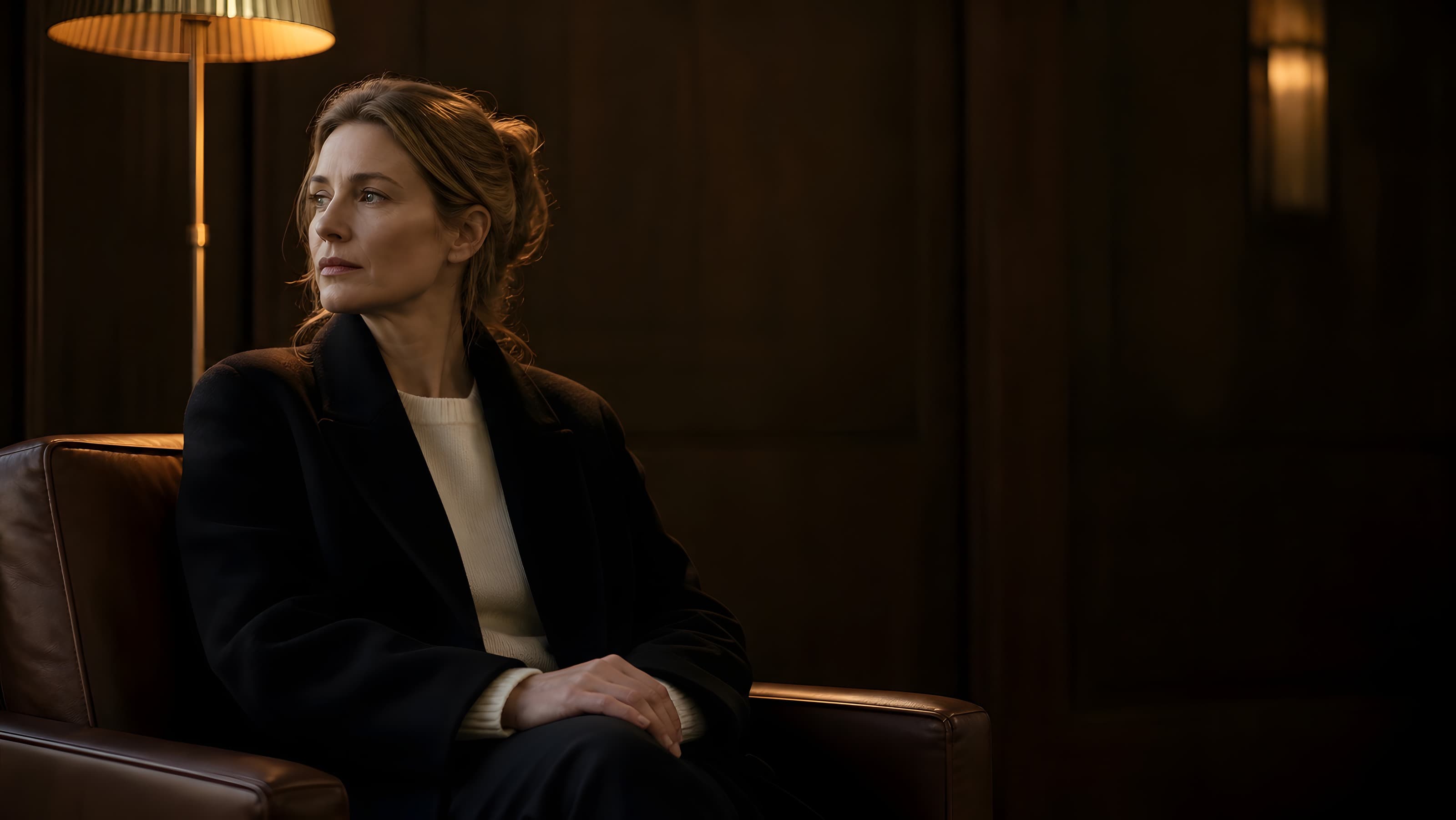 An established talent seated alone in a dark walnut room at lamplight, composed and unhurried, with her gaze turned toward the window.