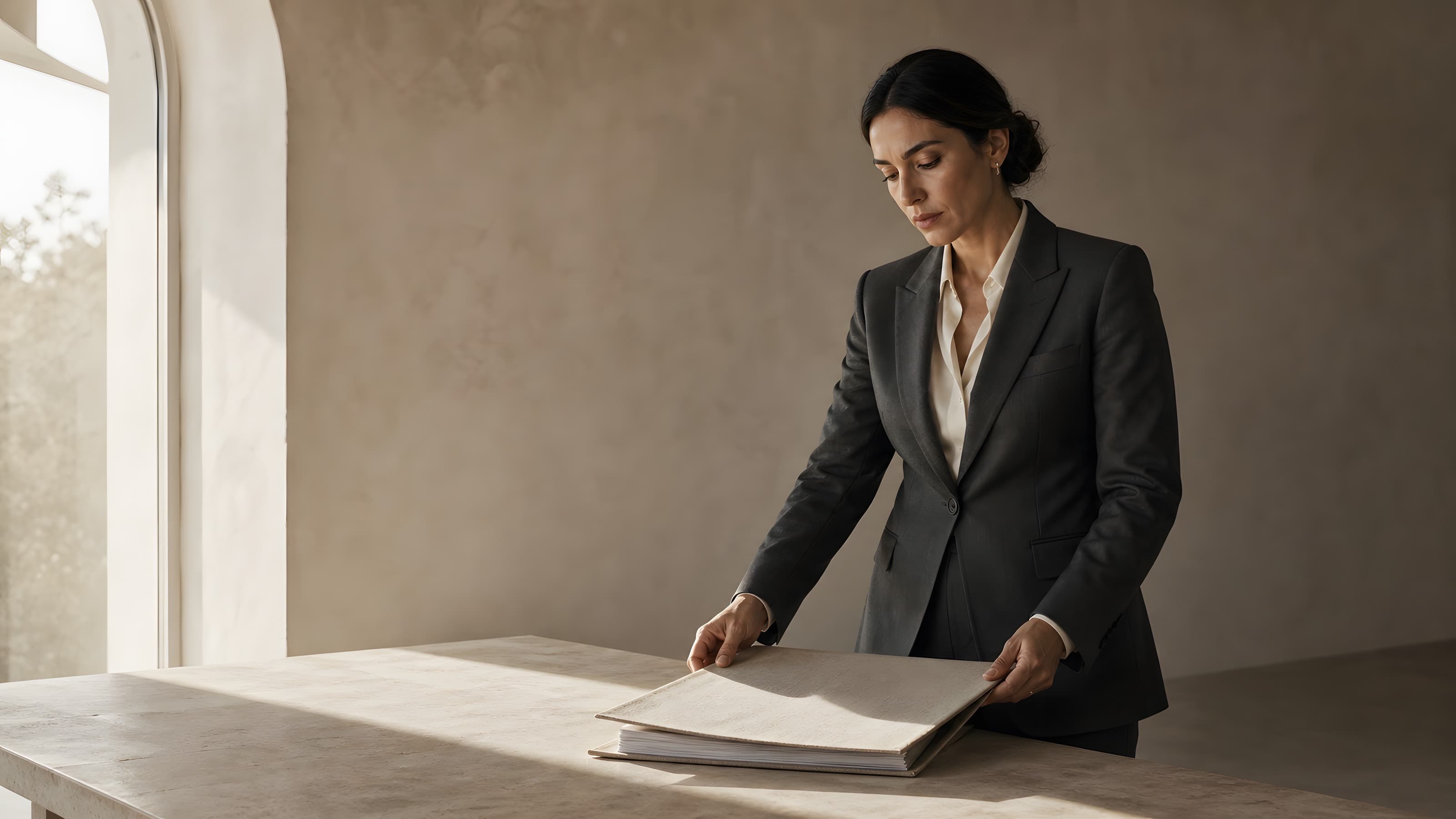 A woman in a charcoal suit drawing a linen portfolio closed over a stack of documents at a pale oak table, in late-afternoon light from a tall arched window.