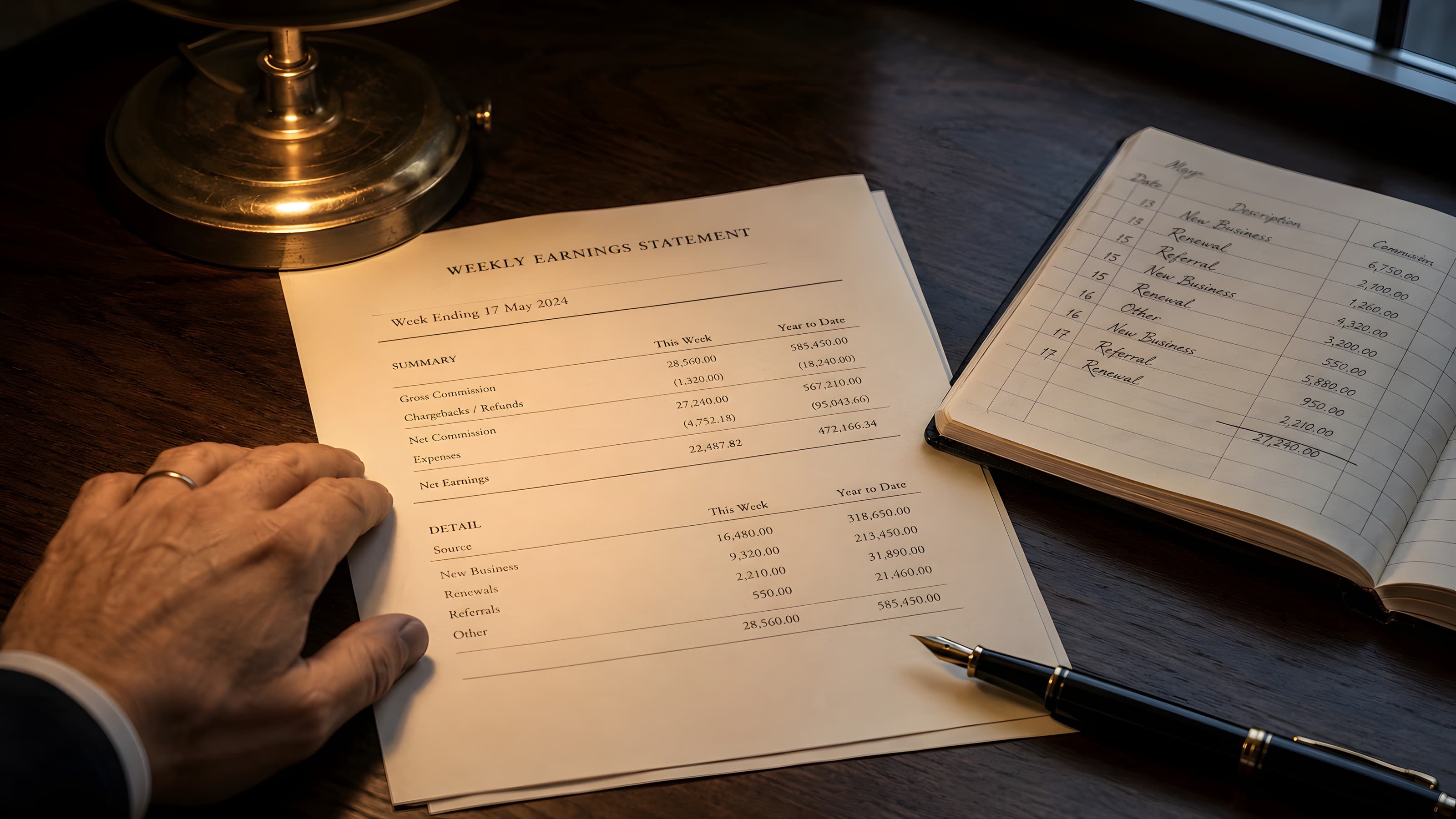 A printed weekly earnings statement and a fountain pen on a walnut desk under a single brass lamp.