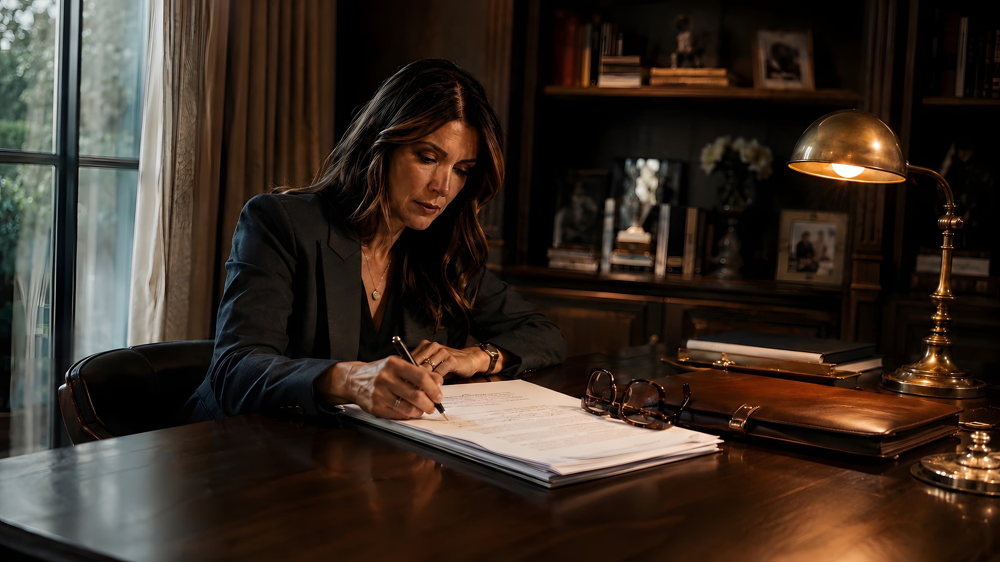 A representative reviewing a marked-up agreement at a desk in a warm, low-lit office.