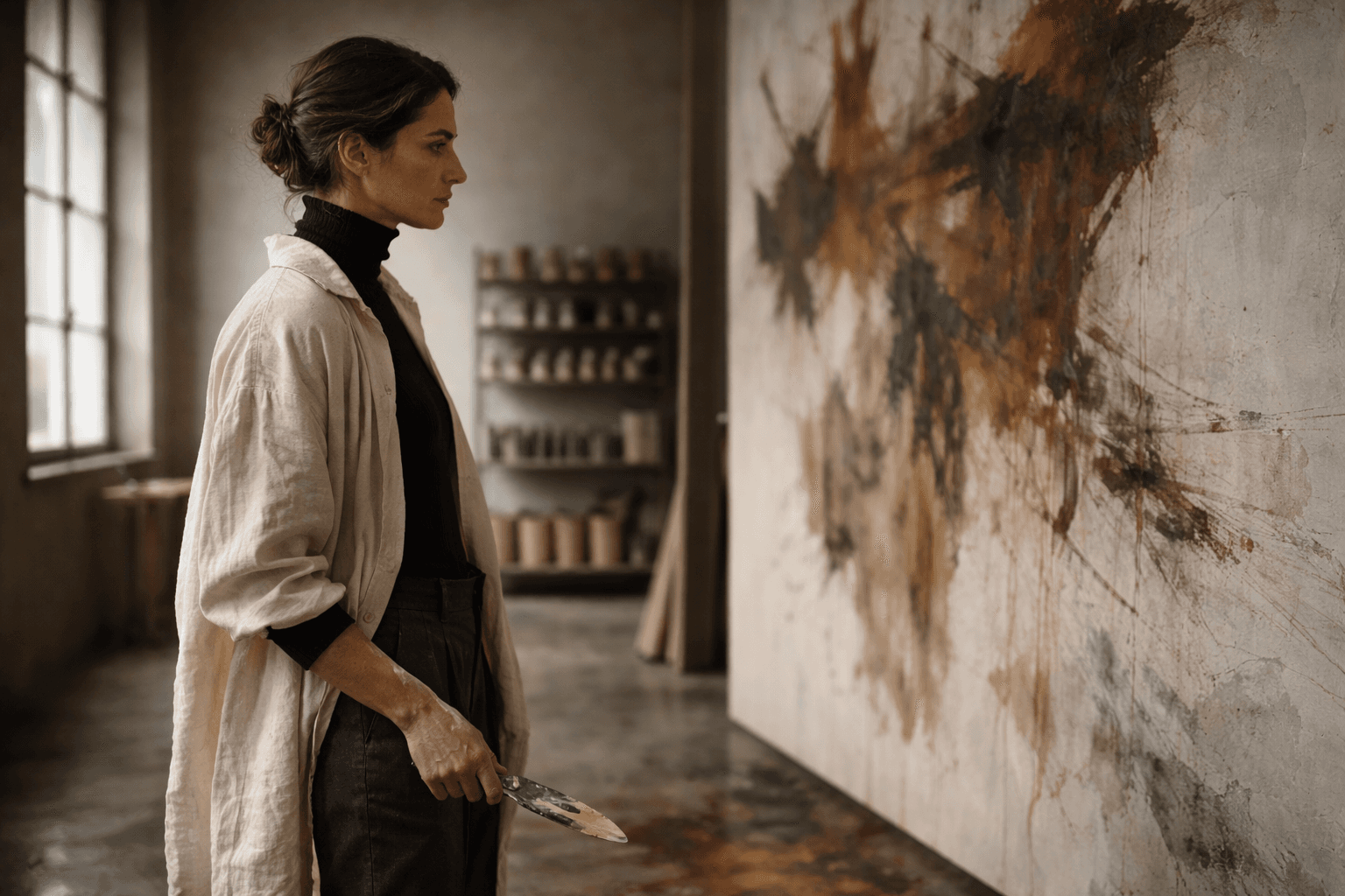 Amara O. — artist in the studio beside a large work