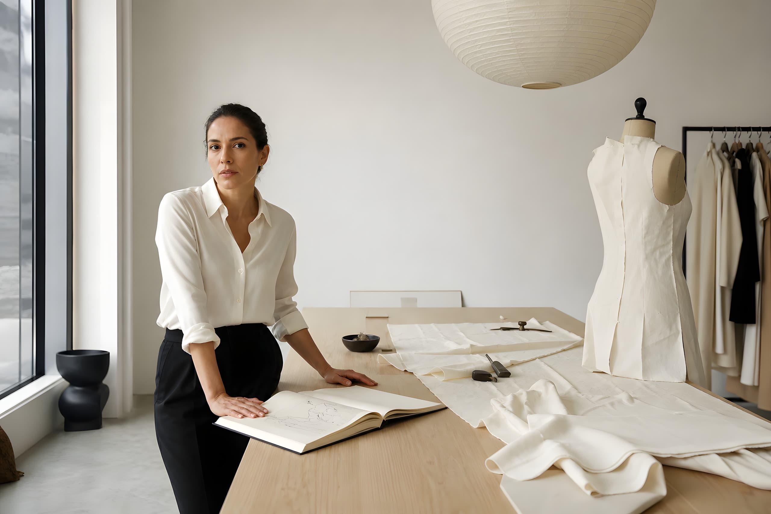 Beatriz L., designer at the atelier table with a work in progress