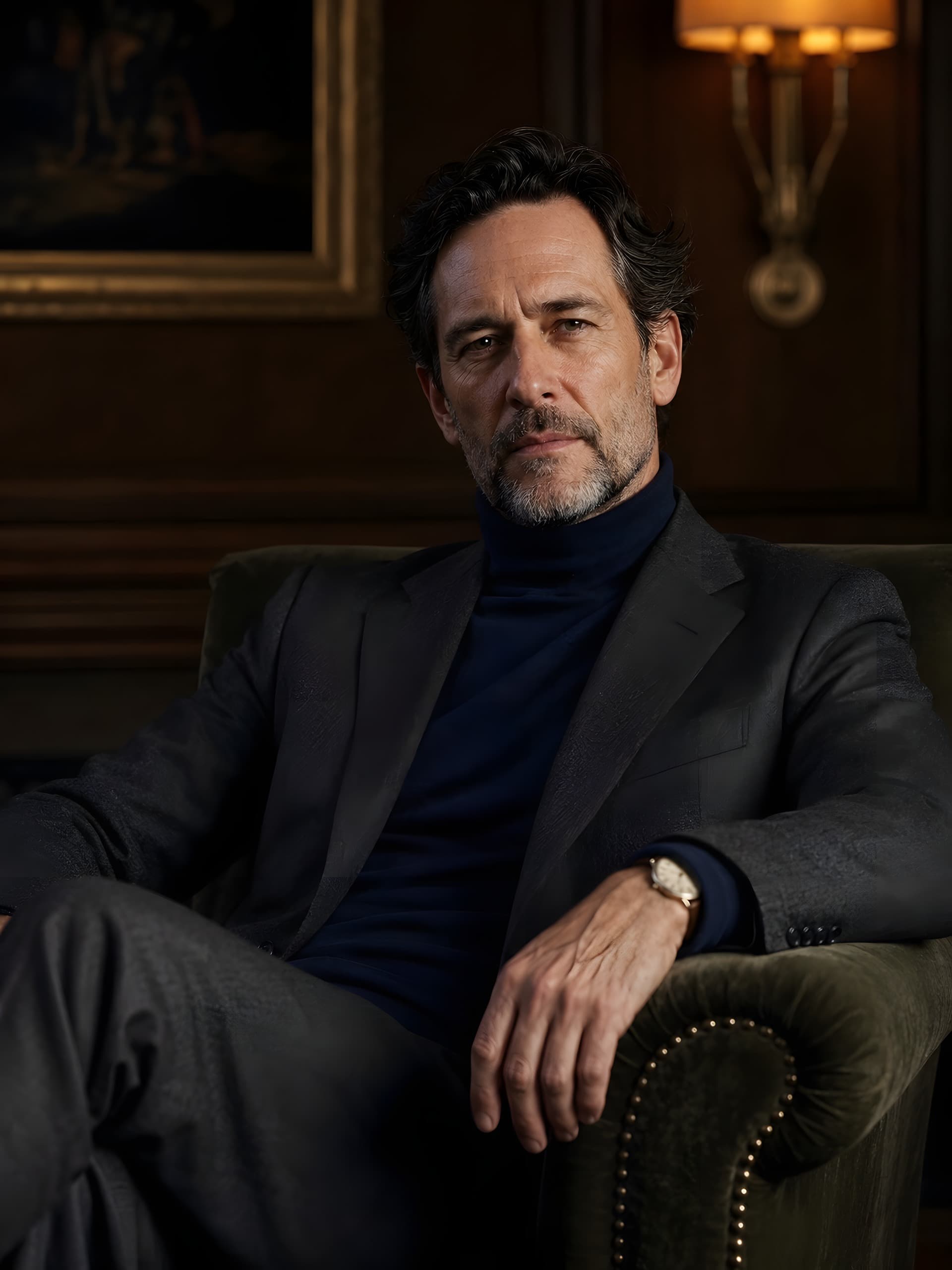 An established talent in a private club chair under warm Rembrandt light, the long arc of a career.