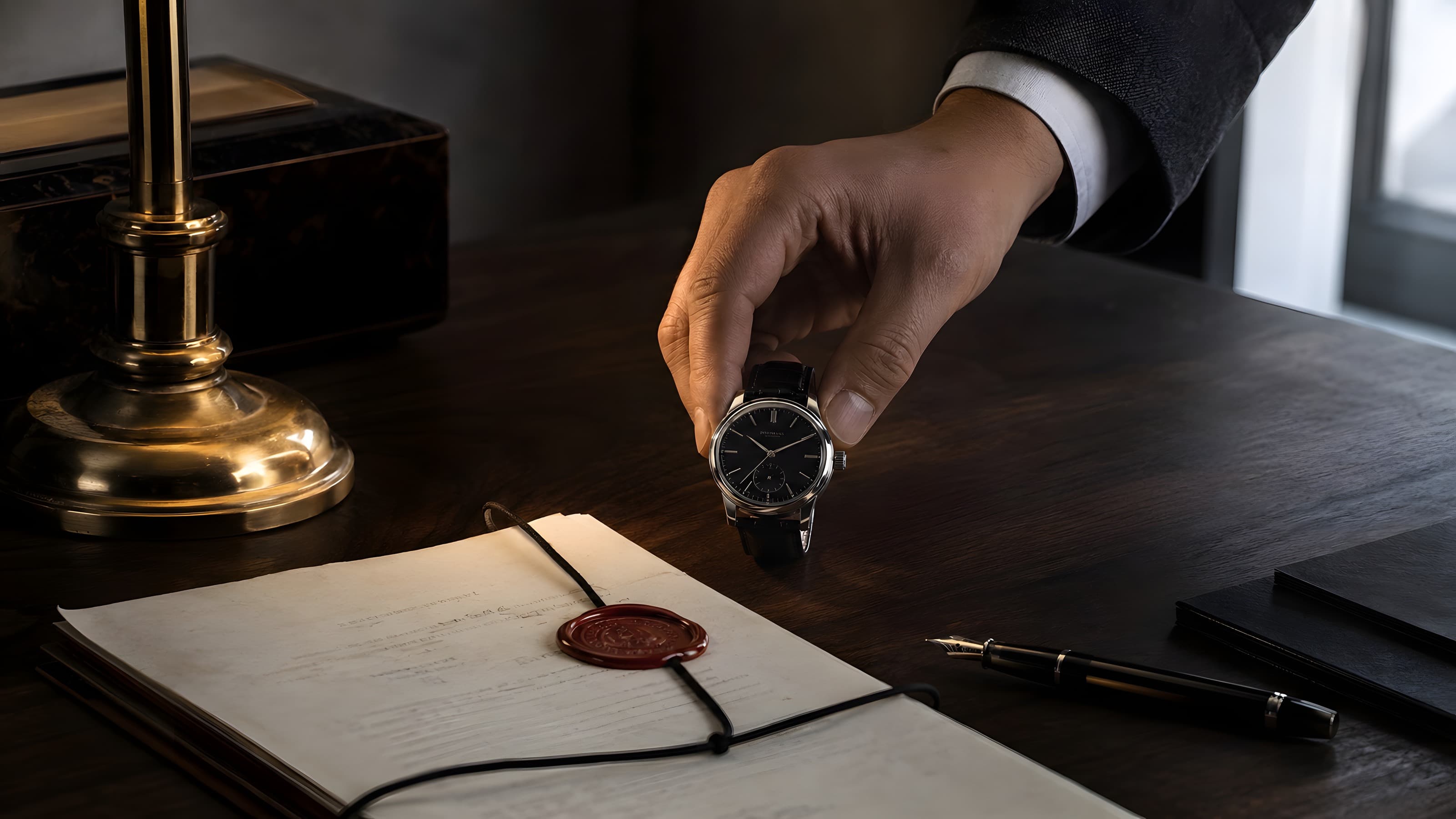 A walnut desk with an heirloom watch, a bound document, and a brass lamp, ownership built to last.