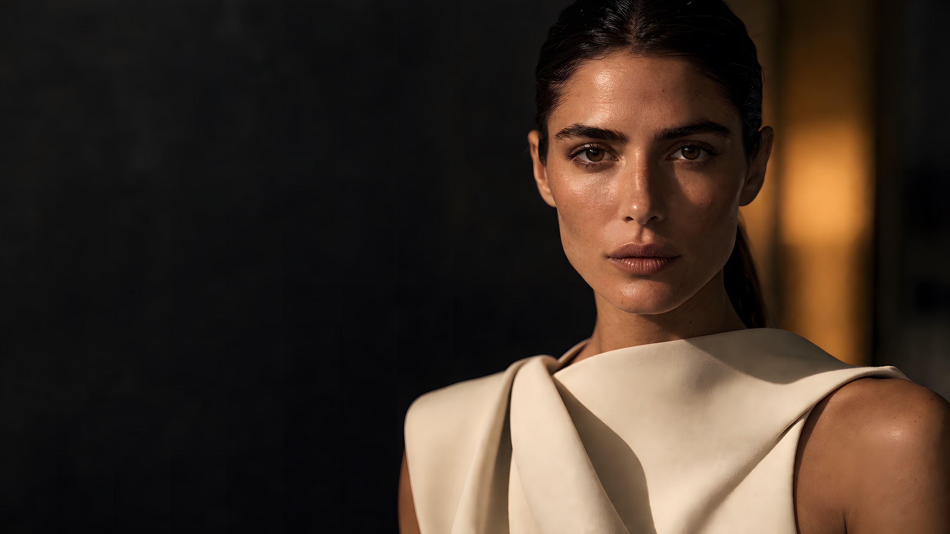 A model in an ivory draped top against a dark interior, lit by warm directional light
