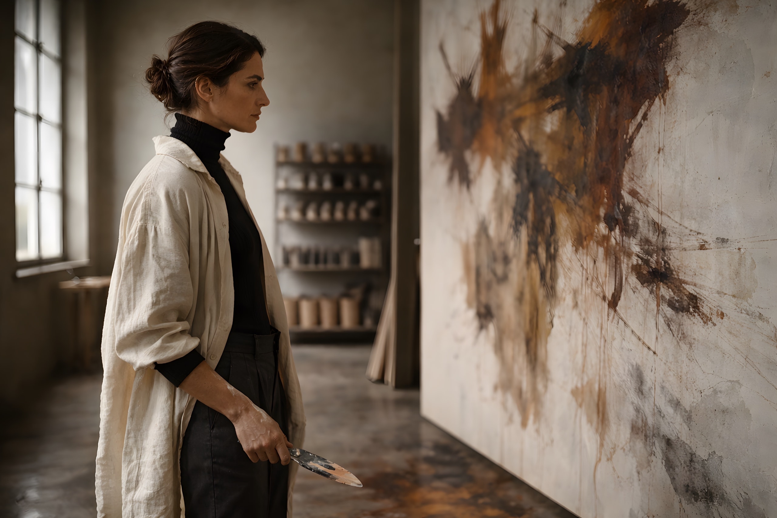Amara O., artist in the studio beside a large work