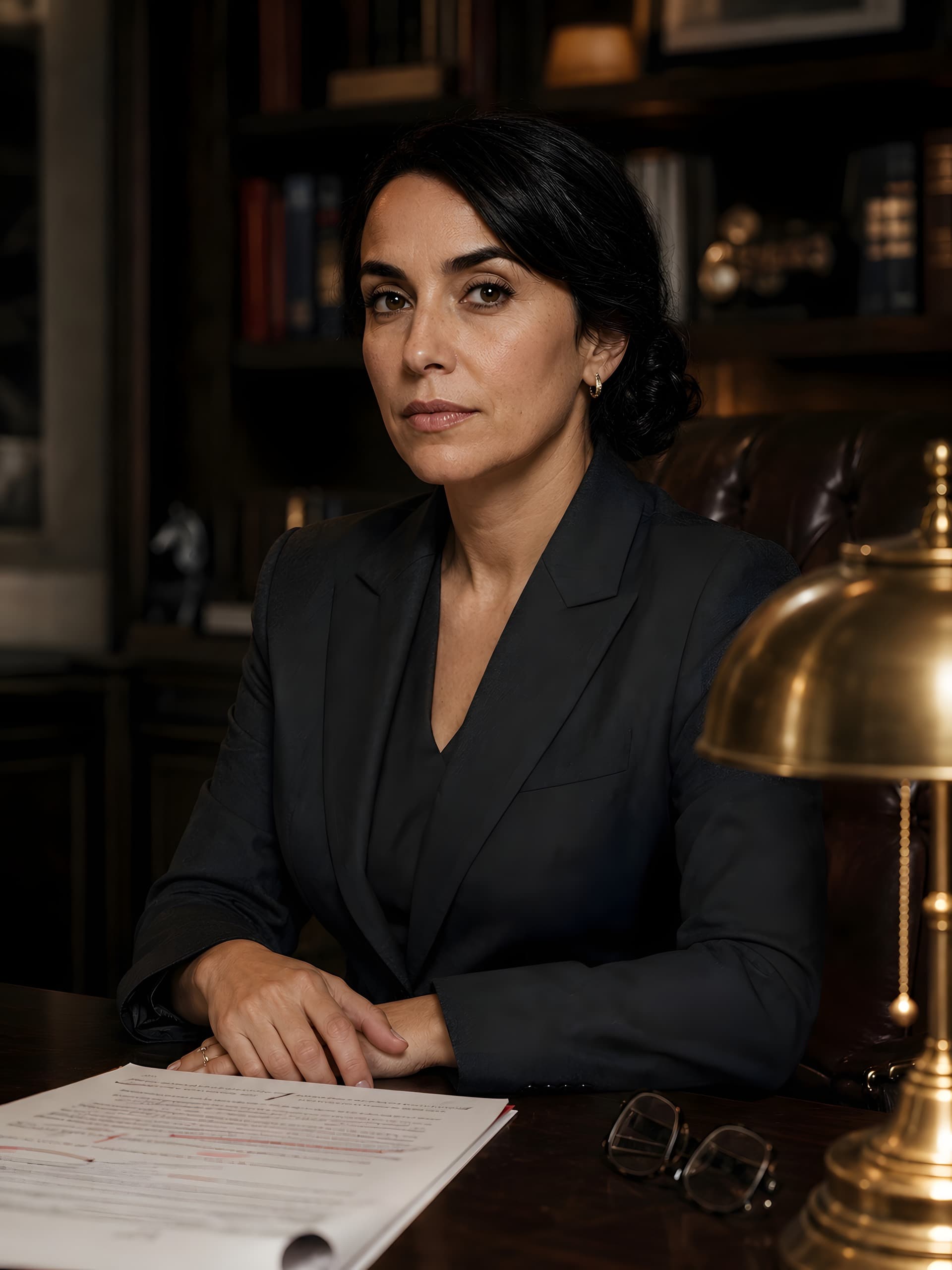 An attorney at a walnut desk with a redlined contract and reading glasses, calm and deliberate.