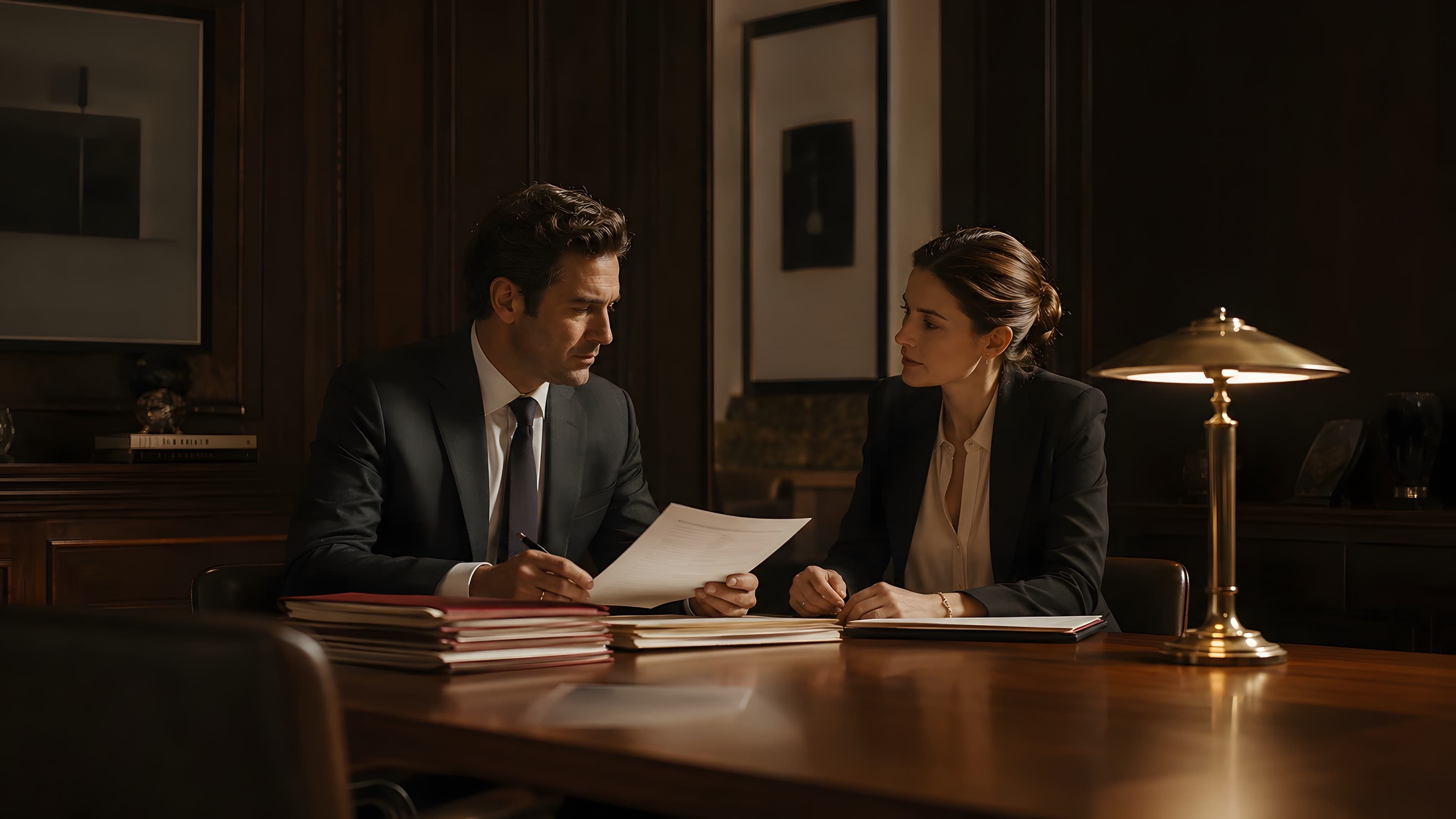 A counsel-guided deal review around a walnut table in a private, warmly lit office.