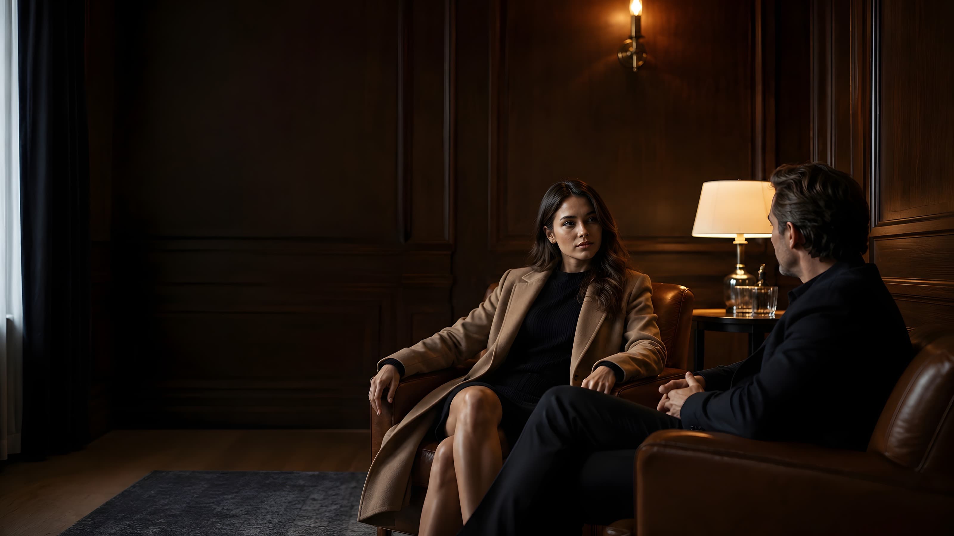 A talent seated in a warm, lamplit salon with a representative, composed and at ease.