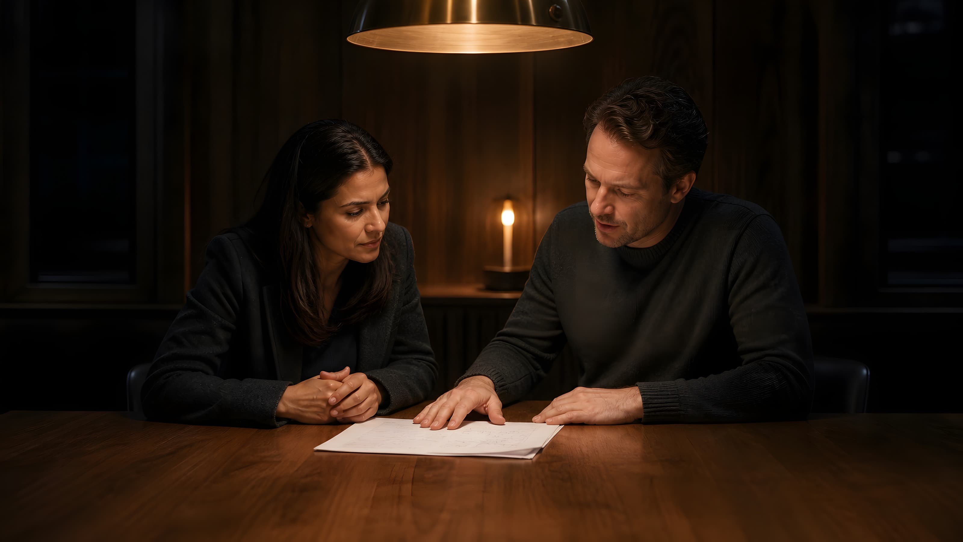 Two colleagues reviewing an agreement together at a walnut table under warm lamplight.