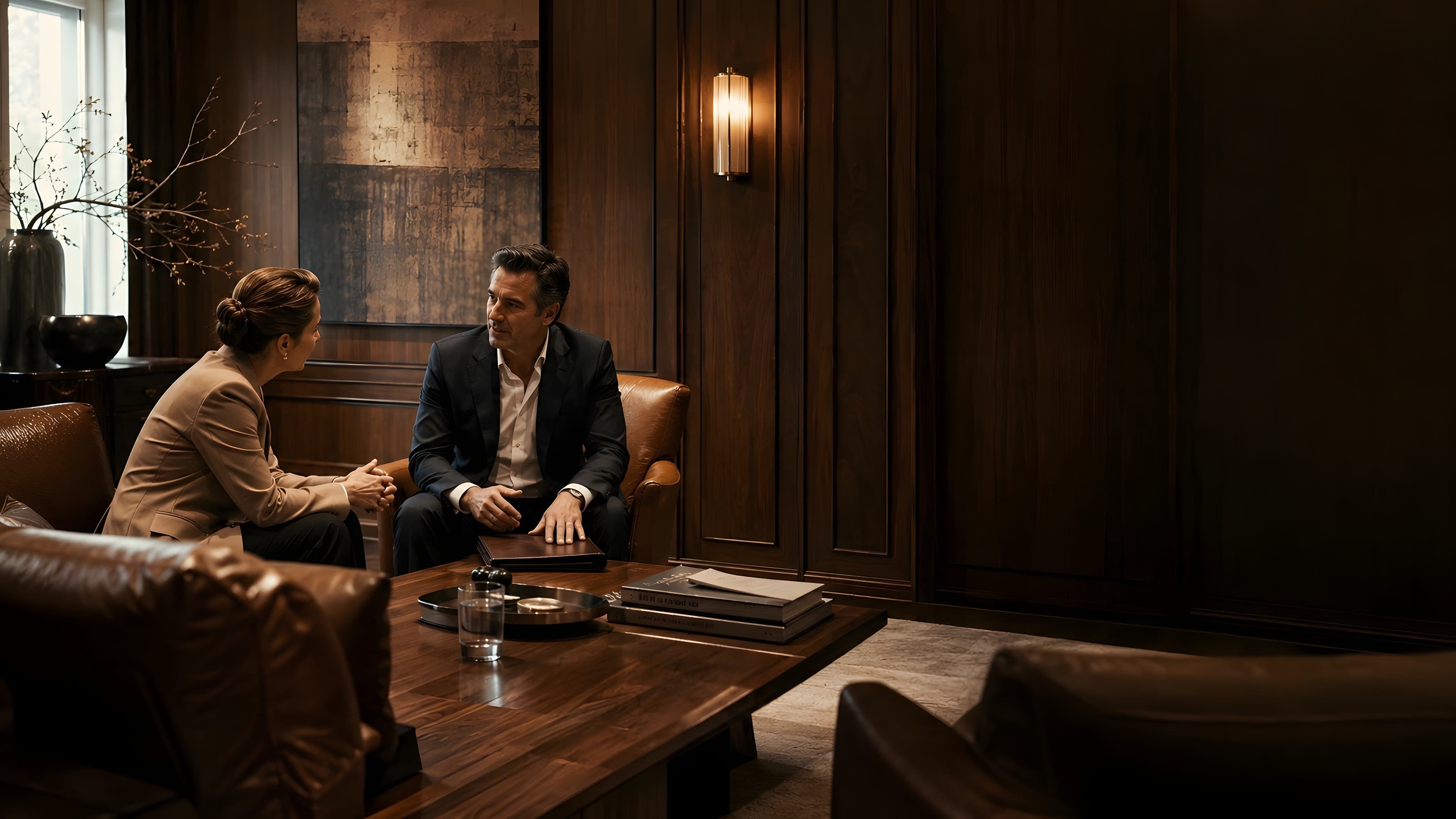 Counsel and talent in quiet conversation across a low walnut table in a warm, lamplit study.