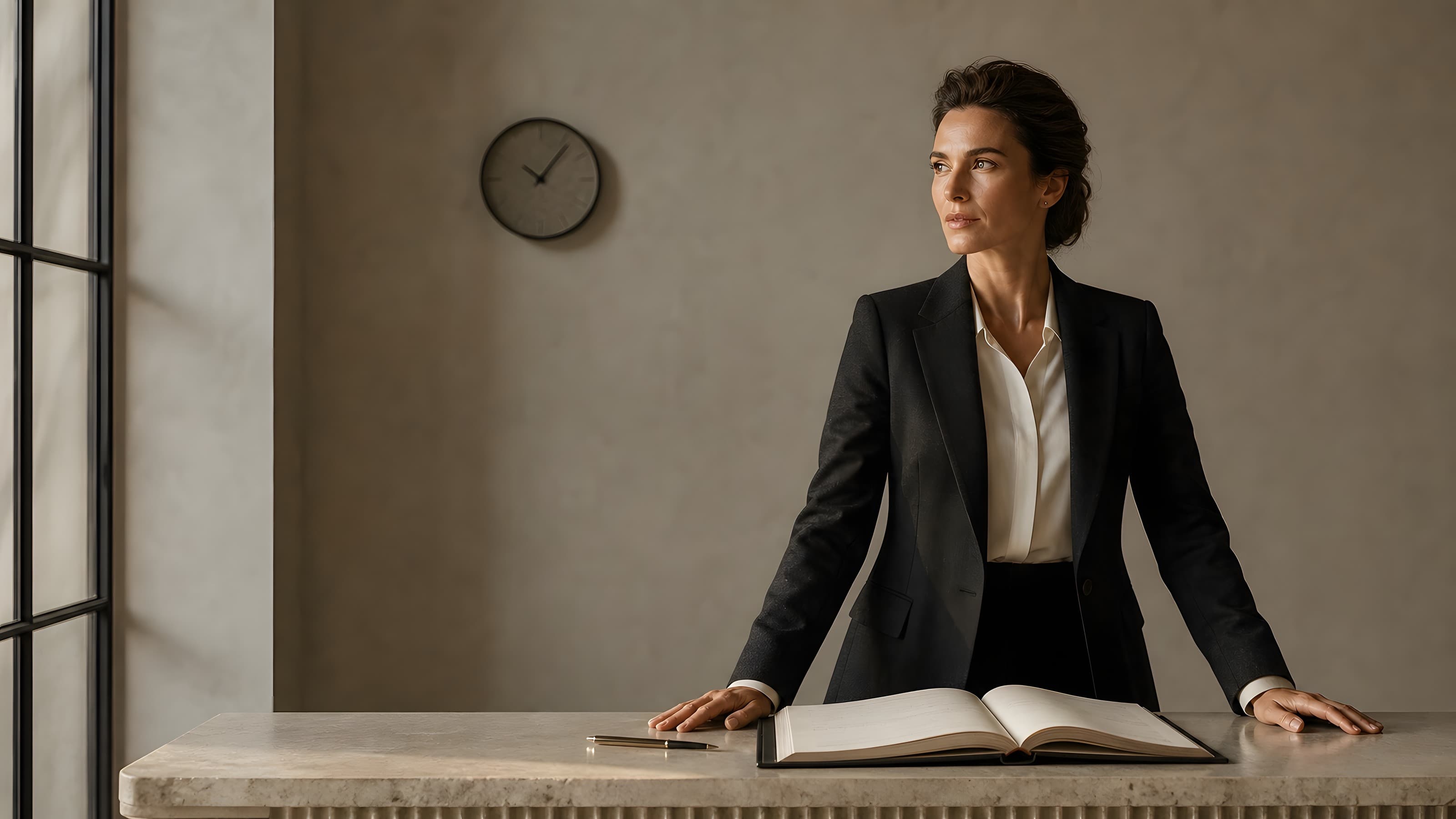 A woman at a honed limestone counter with a bound register open in front of her and a pen just set down, in warm late-afternoon light beneath a plain wall clock.