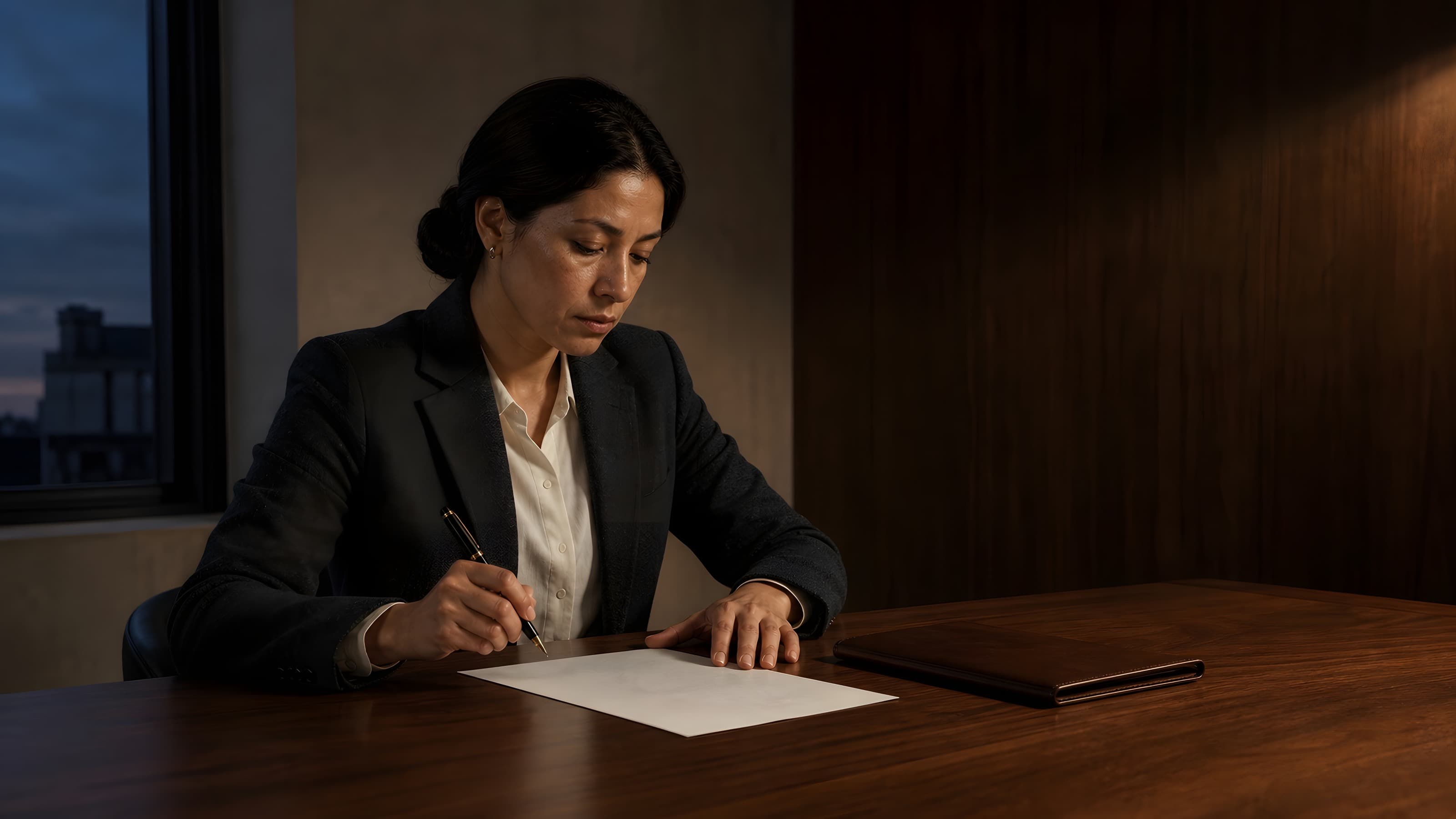 A representative reviewing a marked-up agreement at a desk in a warm, low-lit office.
