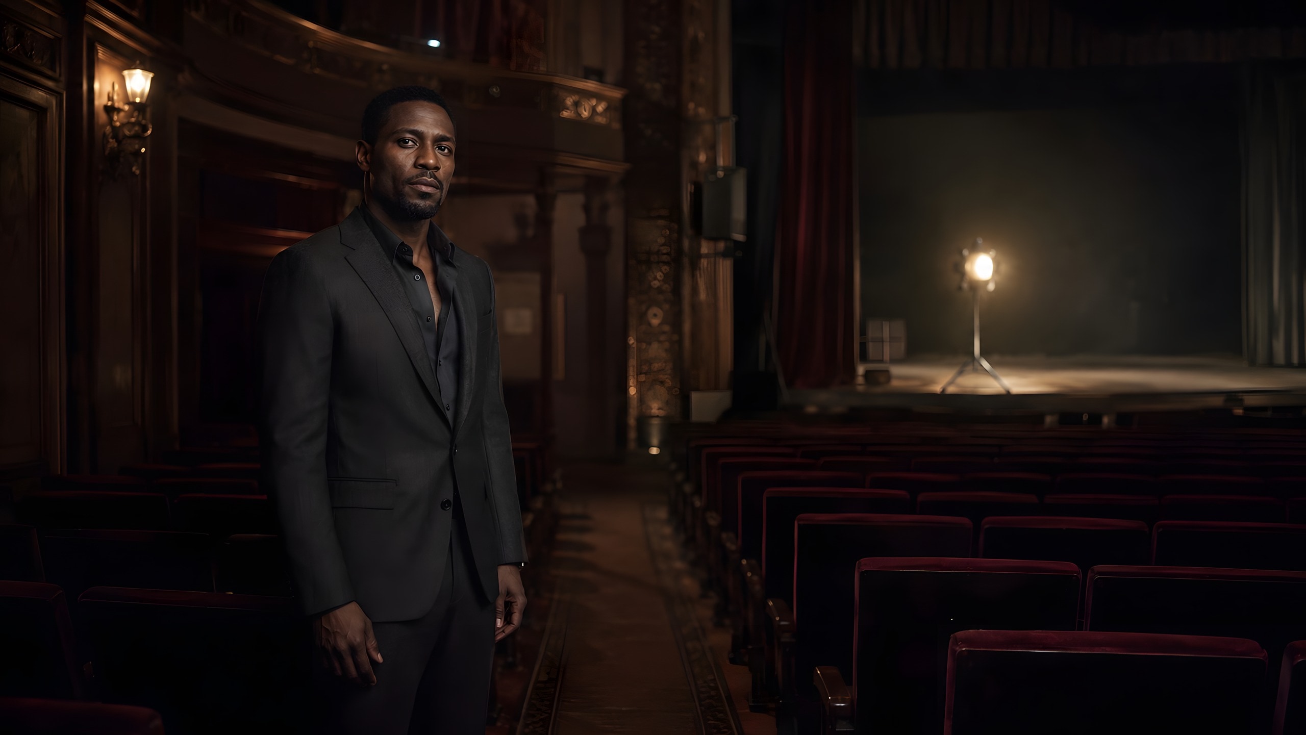 Idris N., alone in an empty theatre, single stage light