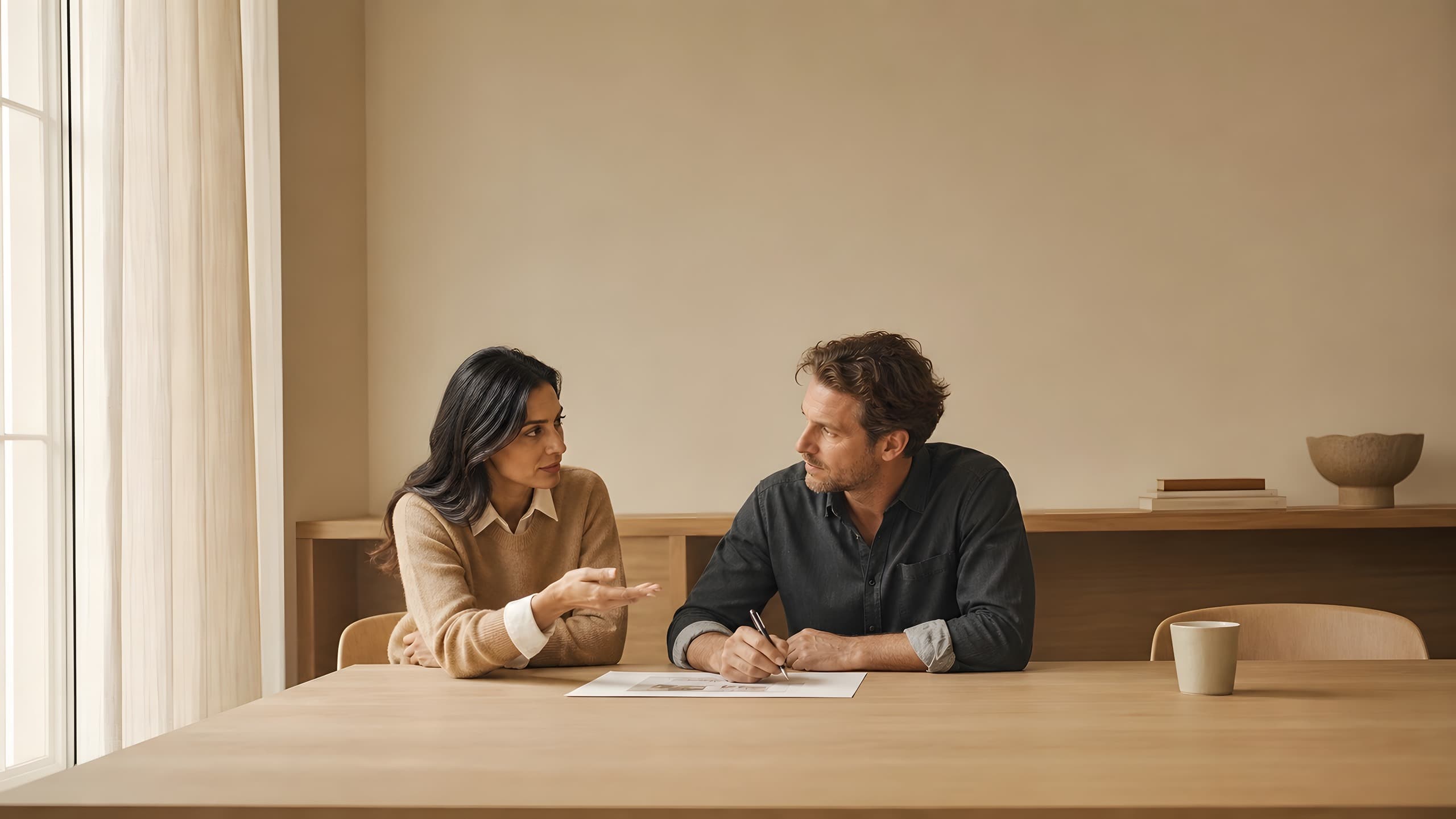 Two colleagues speaking and listening across a pale oak table in a lived-in daylight room.
