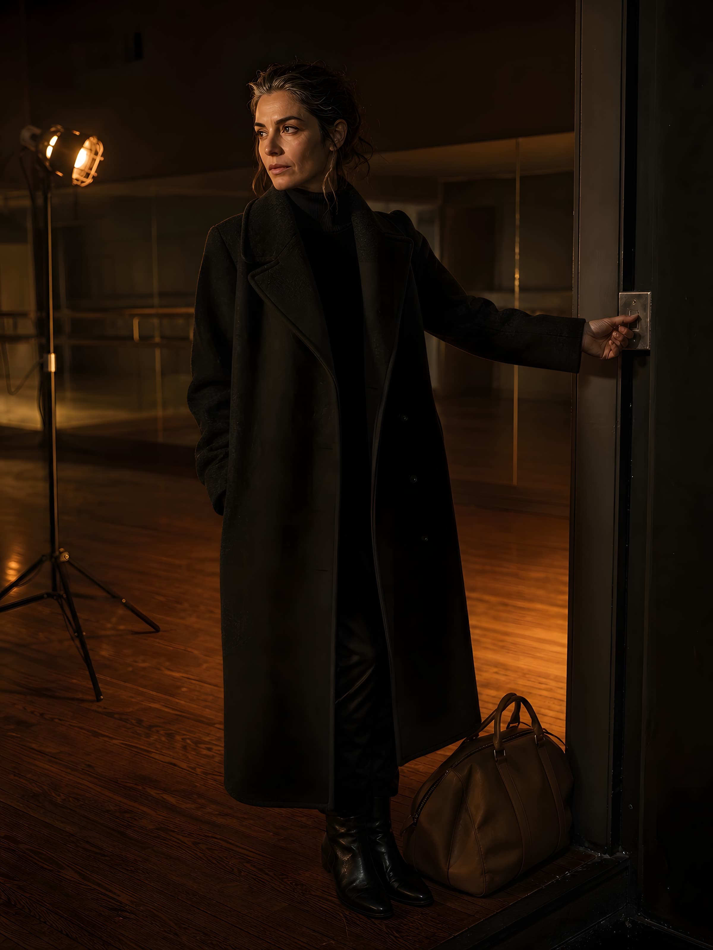 A woman in a charcoal overcoat and boots pausing at the door of an emptied rehearsal studio, one hand on the light switch and a leather holdall at her feet, lit by a single work light.