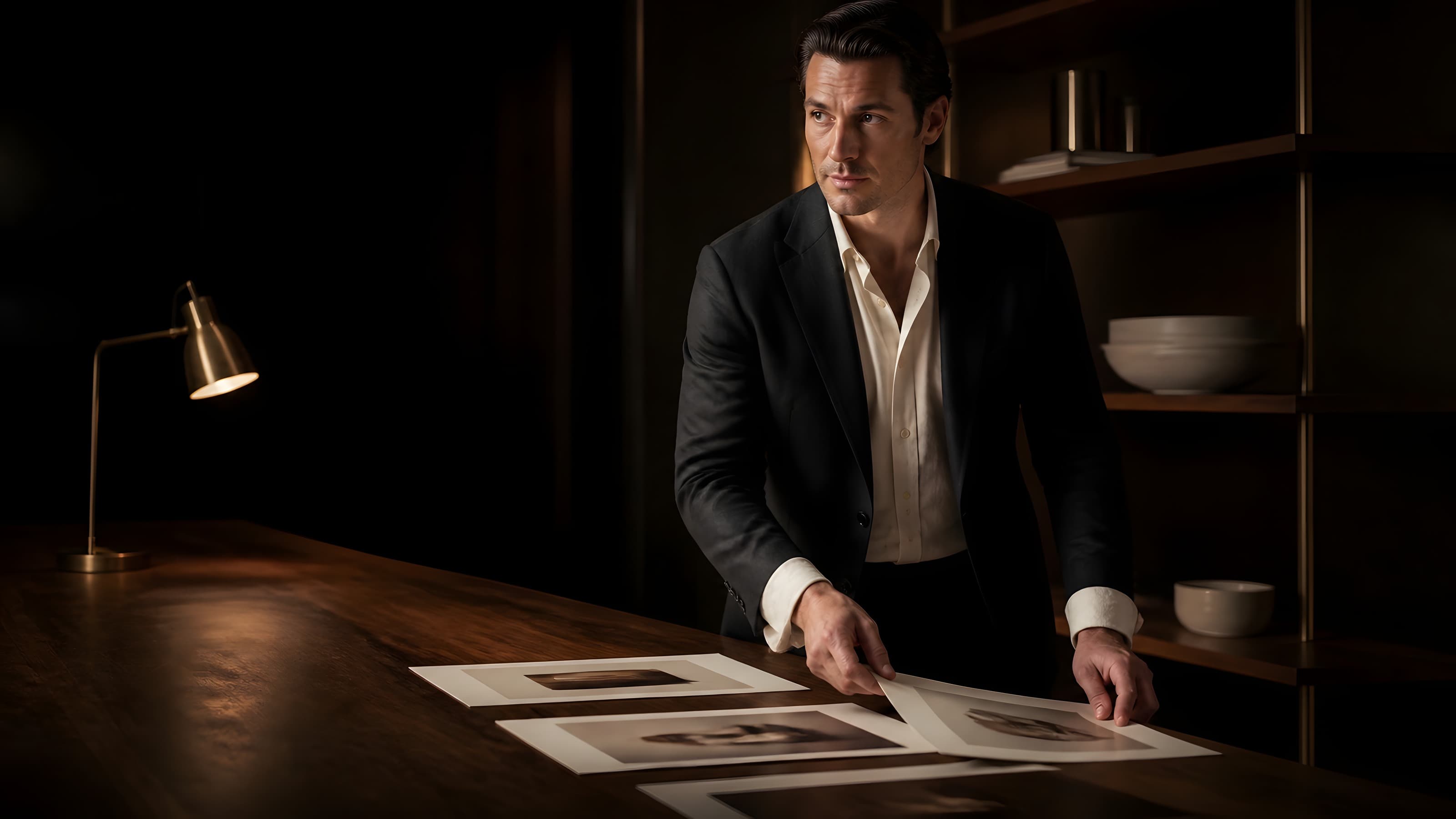 A man laying a printed brand spread beside two others on a long walnut table, under a brass desk lamp with the room falling away dark behind.