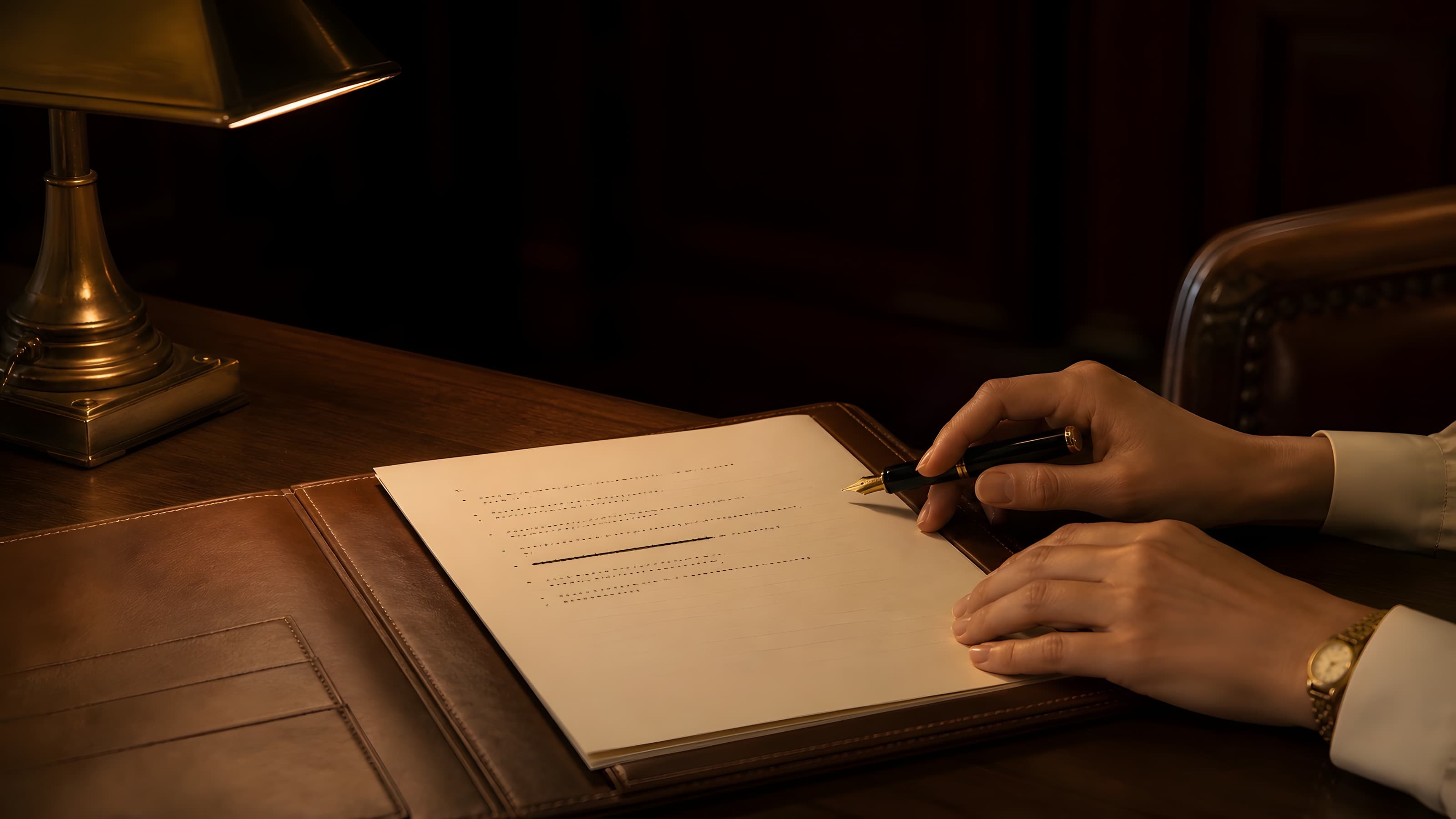 A leather folio of typed pages open on a dark walnut desk under a brass lamp, a woman’s hands resting at its edge with a fountain pen.